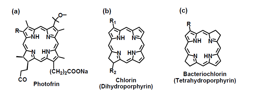 Chemical structures of (a) PhotofrinⓇ, (b) chlorin and (c)bacteriochlorin derivatives.