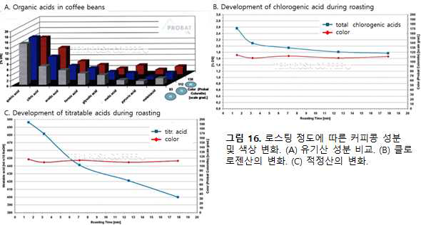 로스팀 정도에 따른 커피콩 성분 및 색상 변화