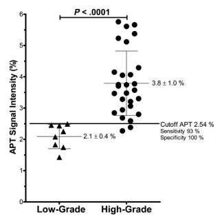 고등급 뇌교종에서 유의하게 아미드 양성자 전이 신호가 높게 측정됨(Tagao et al. Neuro oncol 2014)