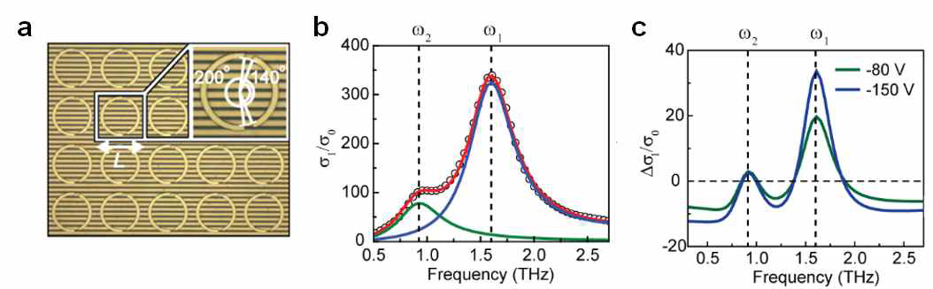 (a) 비대칭 이중분리 고리형 공진기의 메타 원자. (b) 비대칭 이중분리 고리형 공진기의 메타 원자 테 라헤르츠 전기전도율. (c) 전기적 게이팅에 의한 테라헤르츠 전기전도율의 실수부 변화.