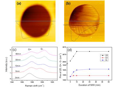 (a) 홀기판 위에 박리된 그래핀의 원자힘 현미경 사진 (b) 마이크로 웨이브를 가하여 주름이 생성된 홀기판 위에 박리된 그래 핀의 원자힘 현미경 사진 (c) 주름이 생성된 그래핀의 라만분광 결 과 (d) 주름이 생성된 그래핀의 라만분광 신호의 상대적 위치
