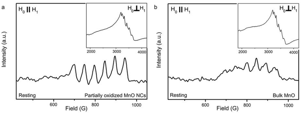 EPR을 이용한 물 분해 중 Mn 산화가수 분석 a. Partially oxidized MnO NPs, b. Bulk MnO