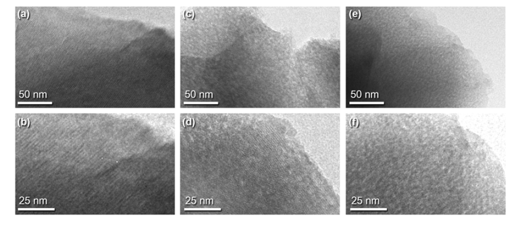 (a,b) NaX, (c,d) decatX-0.51, (e,f) decatX-0.09의 TEM 이미지