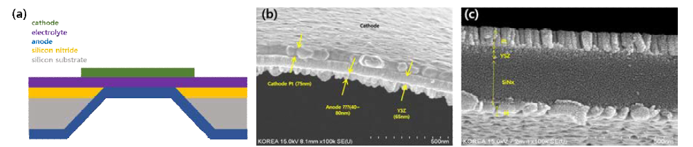 Micro SOFC Cell 의 모식도와 SiNx etching 공정 후 SEM image