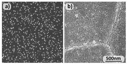 Pt deposited at 400 C for 15 min on (a) Si/SiOx and (b) polycrystalline YSZ substrates