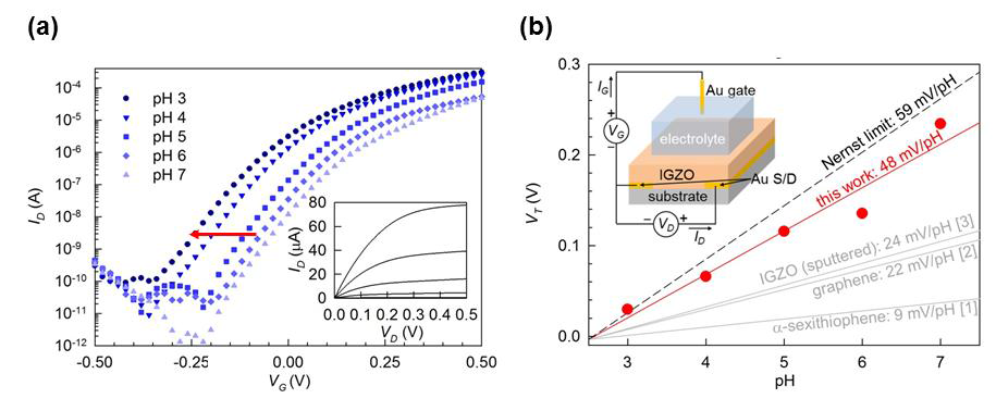 IGZO 트랜지스터 기반 센서의 pH에 따른 구동전압변화와 기존 트랜지스터 기반 pH 센서와의 민감도 비교