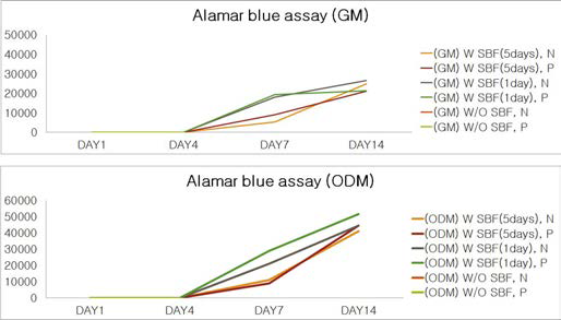 지방줄기세포의 Alamar blue assay. patterned(P) and non-patterned(N) PCL