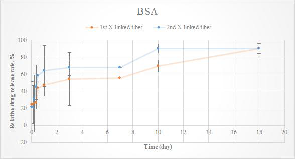 젤라틴 나노 섬유의 가교 정도에 따른 BSA의 방출 속도 비교