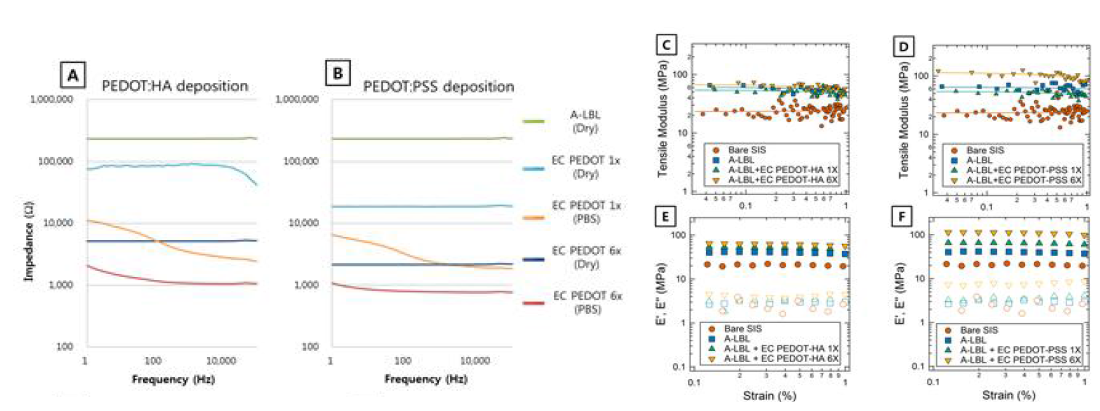 (A, B) PEDOT:HA 및 PEDOT:PSS 코팅에 따른 임피던스 값 변화 (C-F) PEDOT 코팅에 따른 Tensile modulus (E), Storage modulus (E’), Loss modulus (E’’)변화
