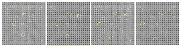 2D Images of multiple Bubbles in Electric Field. no gravity, no external electric field, Cl-=39.0kg/m3, every t=0.2sec, yellow line:bubble boundary, 해상도=64*64, domain size=1m*1m, 버블이 중력의 영향으로 위로 상승하는 기존의 버블 시뮬레이션 결 과와는 다르게, 임의의 위치에 놓인 버블들이 전기장의 방향과 반대 방향으로 움직이면서 다양한 궤도를 그리고 있음을 보여준다.