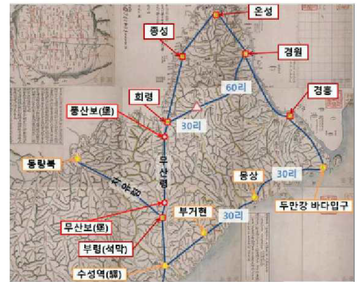 세종 대 후반 함길도의 도로체계(주정율, 15세기 전반 함길도 군사체계의 변천과정, 국방대학교 석사학위 청구논문, 2014)