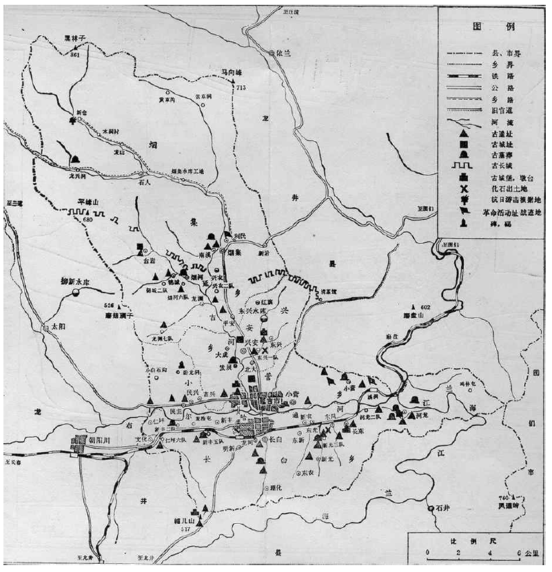 연길시 유적 분포지도(延吉市文物志, 吉林省文物志編纂委)