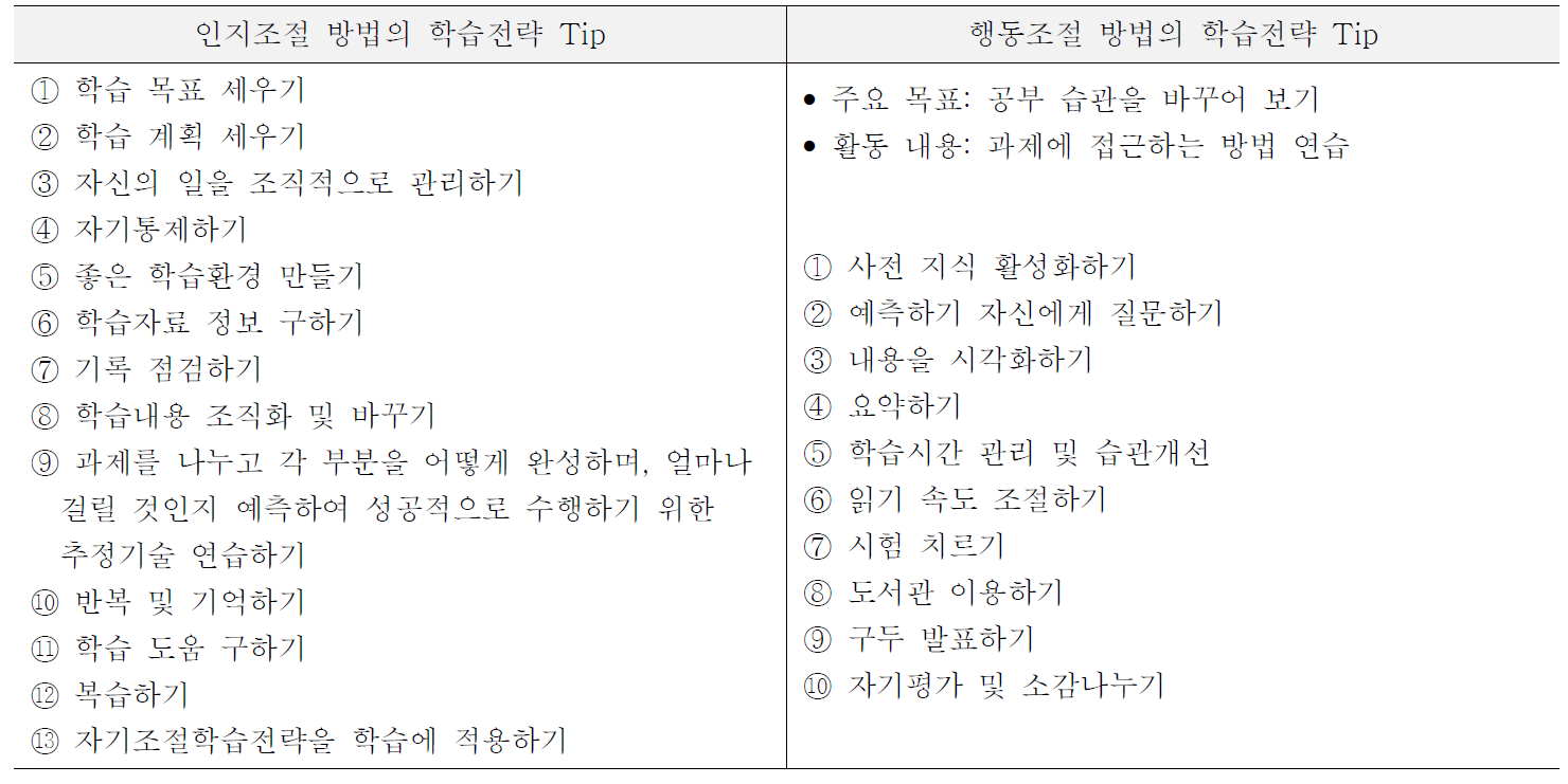 인지조절 방법 및 행동조절 방법의 학습전략 단계