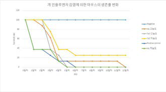 (우). VLP 백신접종 후 조류 인플루엔자바이러스를 이용한 공격접종 시 마우스의 생존률 확인