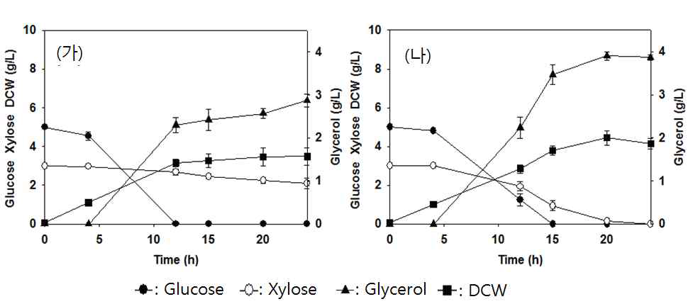 5 g/L의 포도당과 3 g/L의 xylose를 포함하는 배지에서 야생형 균주 (가)와 ΔptsG 균주 (나)의 회분식 배양 결과