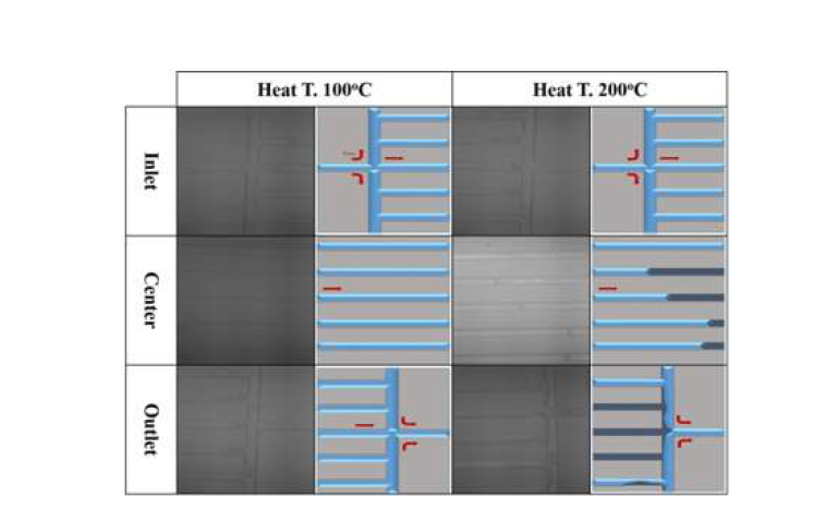 De-ionized water flowing images through straight microchannels (flow rate at inlet= 100μl/min)