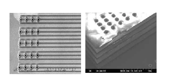 SEM images of an array of microchannels and TSFVs and SEM images of four-die stacks that contain electrical and fluidic I/Os and TSVs