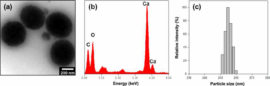 5-FU 담지형 나노입자의 a) TEM 이미지, b) EDX 스펙트럼, c) 크기 분포