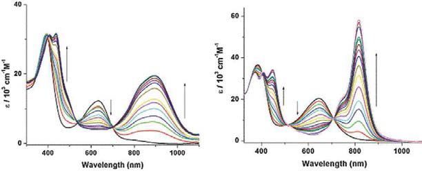 UV-vis absorption spectral changes of 6 (2.39 105 M) (top trace) and 7 (2.65 105 M) (bottom trace) in CH3CN observed upon titration with TFA (0–10 equivalents)