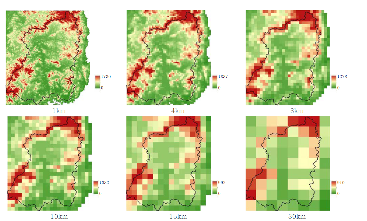 시범지역 모형계산망의 6개 해상도별 지표경계조건(지형고도, EL. m) 자료 공간분포
