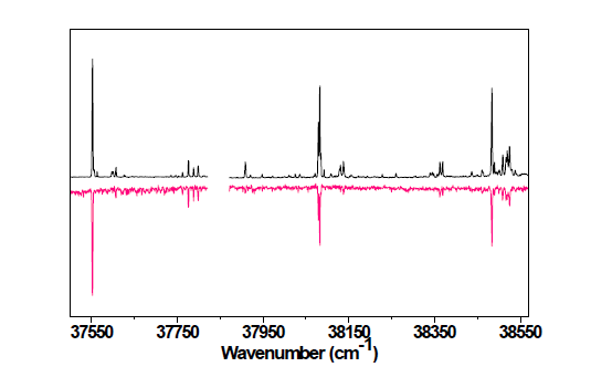 (위)ED의 LIF 스펙트럼과 (아래)UV-UV 홀버닝 스펙트럼