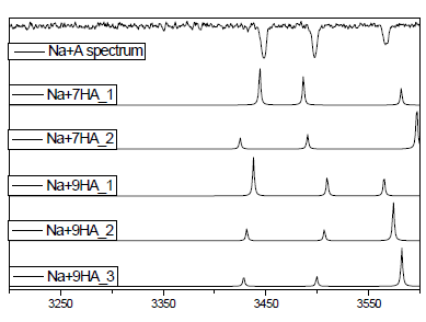 Na+A의 IR-UV 스펙트럼과 이론 결과 비교