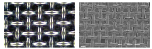 고농도 산화제 용액을 이용하여 PEDOT을 코팅한 Cu-Ni 상용직물의 광학현미경과 SEM 이미지.