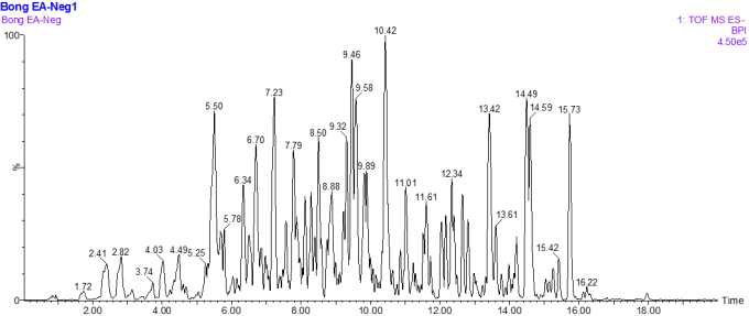 봉의꼬리 ethyl acetate 분획물의 UHPLC-QTOF-MS 분석 결과