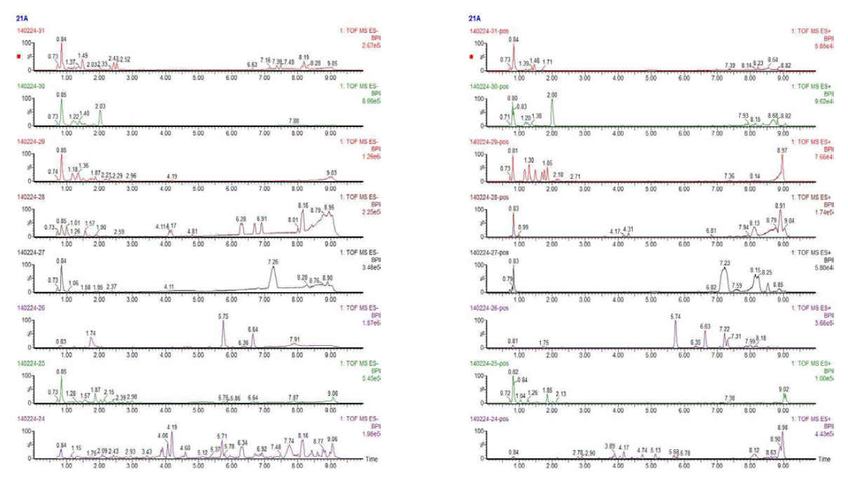 UHPLC-QTOF-MS negative(좌) positive (우) mode 로 측정한 추출물 시료들(SNUPT17 ~ SNUPT21A)의 chemical profile
