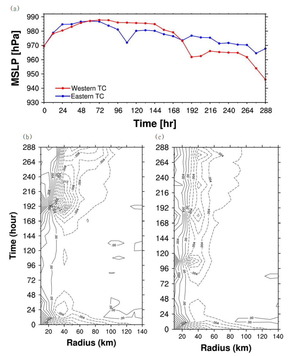 (a) Time series of the MSLP of the two TCs in the CTL-B300 simulation