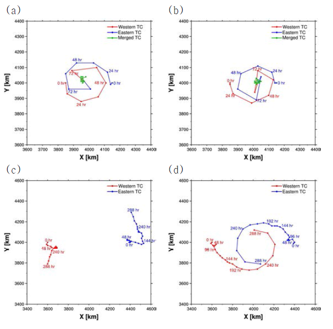 Tracks from the (a) TH(P1)-300, (b) TH(P2)-300, (c) TH(P1)-800, and (d) TH(P2)-800 simulations with intervals of 12 hours