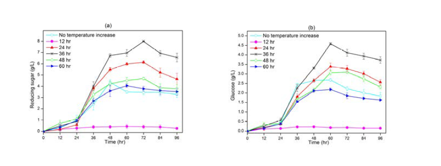 Effects of temperature increasing time from 30°C to 50°C for glucose production.