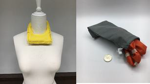 제작된 시제품의 목걸이 착용(좌) 및 포켓 보관시(우)의 모습