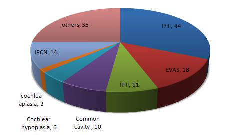 서울 아산 병원에서 인공 와우 이식술을 받은 환자를 대상으로 파악한 내이 기형의 빈도.