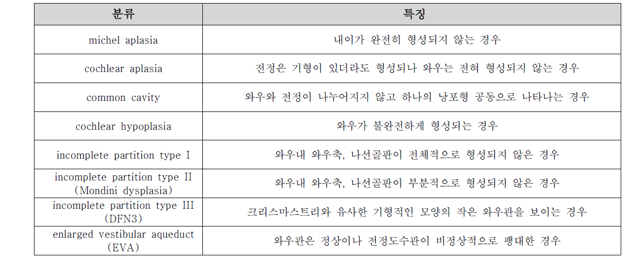 골성 미로 이형성의 분류 및 특징