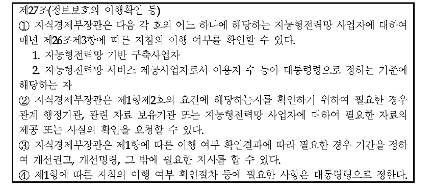 지능형전력망의 구축 및 이용촉진에 관한 법률 제27조 정보보호의 이행확인 조항