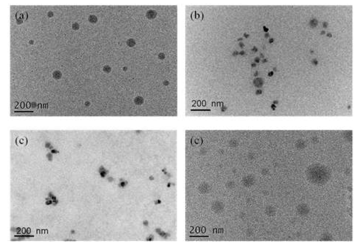 TEM images of spherical micelles (a) M1, (b) D1, (c) D2 and (d) D3