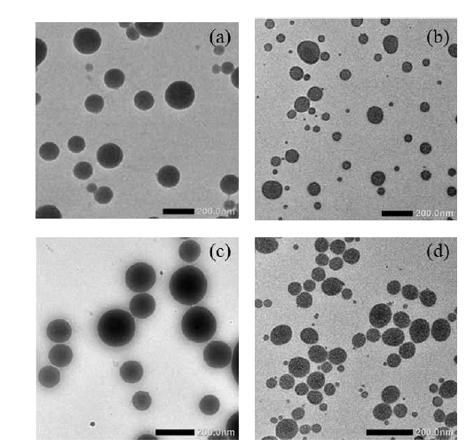 TEM images of spherical micelles (a) M1, (b) M2, (c) D1 and (d) D2.