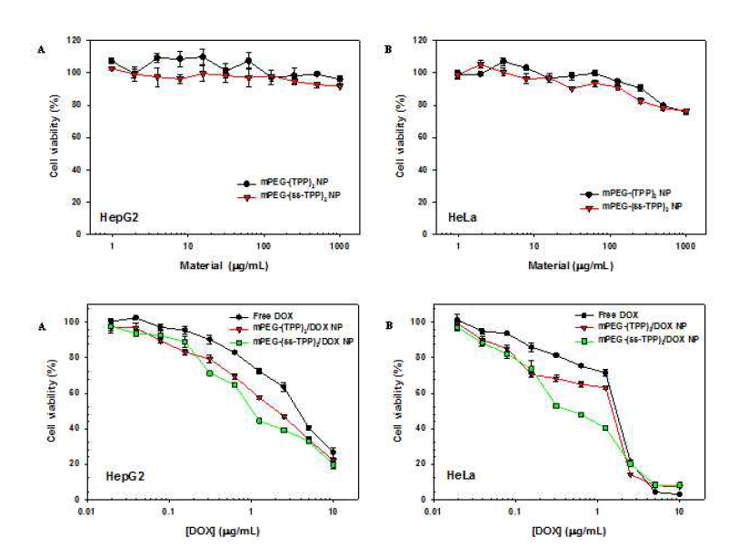 mPEG-(TPP)2 나노입자와 mPEG-(ss-TPP)2 나노입자의 세포 독성평가 및 항암특성 평가