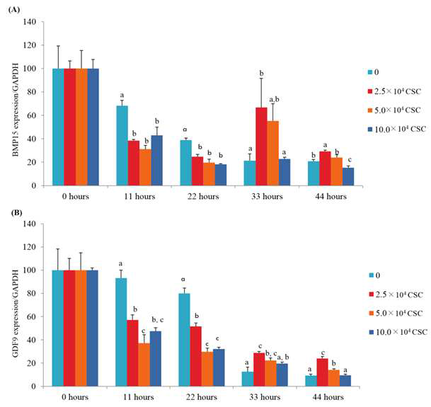 mRNA expression patterns of TGF-beta family members, (A) BMP15 and (B) GDF9, in porcine COCs co-cultured with cumulus-derived somatic cells during IVM