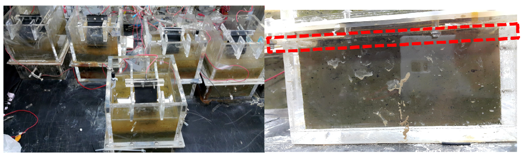 Multi layered 구조를 적용한 (A): Sediment 미생물연료전지 시스템, (B): Sediment와 sediment 사이에 수층 존재하는 multi layered 구조 사이에 수층 존재하는 multi layered 구조