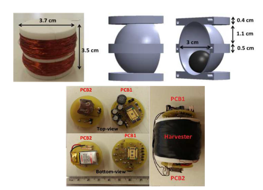 Photograph of the energy harvester (top), circuit board (bottom-left)and packaged system (bottom-right)