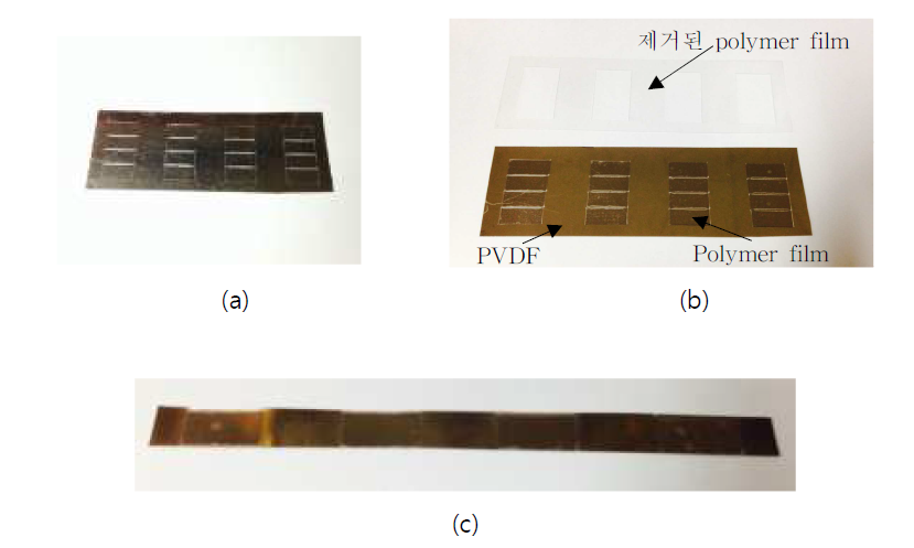 (a)PVDF 위의 polymer film이 패터닝된 모습, (b) 필요 없는 polymer film을 제거한 모습 (c)폴리머가 패터닝 된 PVDF film