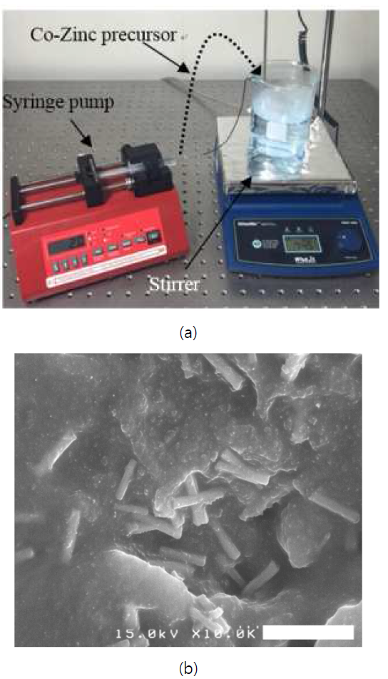 (a)저온 수열합성법을 이용한 산화아연 나노막대 합성 과정 (b)합성한 나노막대의 SEM image