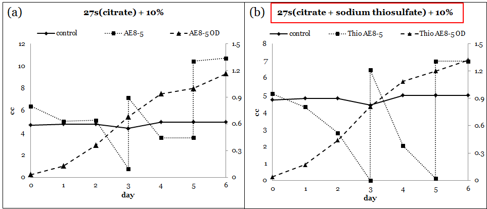 Carbon dioxide removal experiment: (a) 27s media with citrate, 6.5cc carbon dioxide. (b) 27s medium with citrate, 6.5 cc carbon dioxide, 0.1% sodium thiosulfate. Temperature: 25℃; pH: 7; cell mass: 0.5g/L; Light: 6000 lux