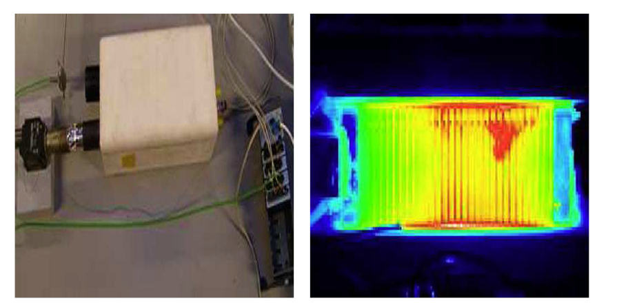 고온 공기를 이용하여 가열한 고온형 PEMFC 스택(좌) 및 스택의 축방향 온도구배(우).