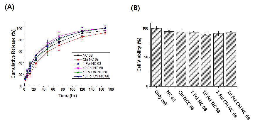 Folate 치환 나노젤로부터의 (A) FITC-BSA의 방출, (B) 세포독성