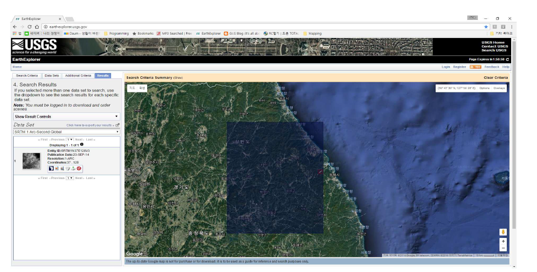 USGS EarthExplorer의 지형데이터 제공화면