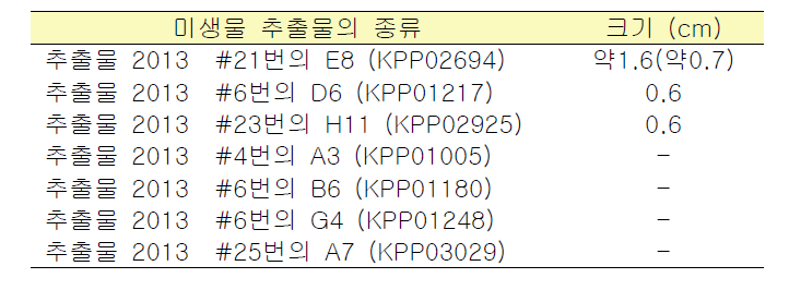 A. flavus 에 대해 항균효과를 보였던 미생물추출물의 종류