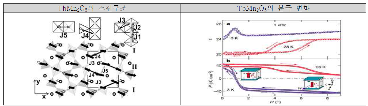 Refined magnetic structure (black arrows) and proposed polar displacements (white arrows) at 27 K(left).